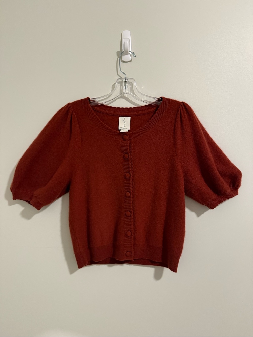 Joie 100% Cashmere Puff Sleeve Cardigan Rust Scalloped Cropped Sweater Size L